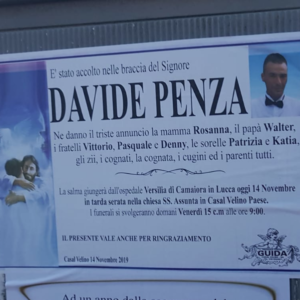 Davide Penza i funerali previsti per il 15 novembre 2019
