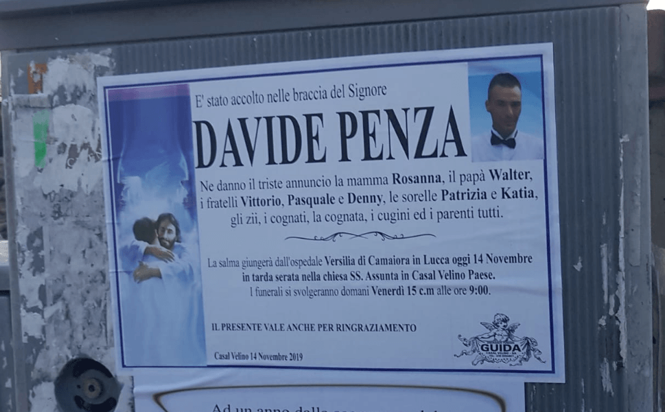 Davide Penza i funerali previsti per il 15 novembre 2019