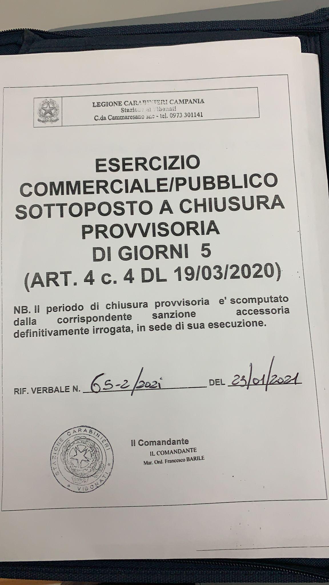 Chiusura provvisoria esercizio commerciale Vibonati